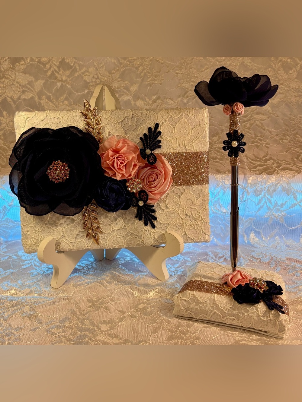 💕 Handmade Navy Blue, Pink and Rose Gold Guest Book and Pen Set